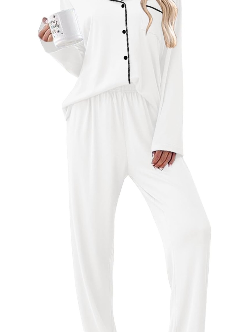 Women's White Two-Piece Pajama Set with Black Piping